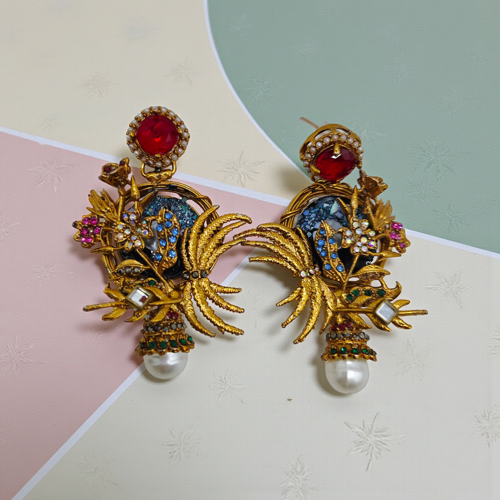 Antique Gold Peacock Pearl Drop Earrings Multicolor Statement Jewelry