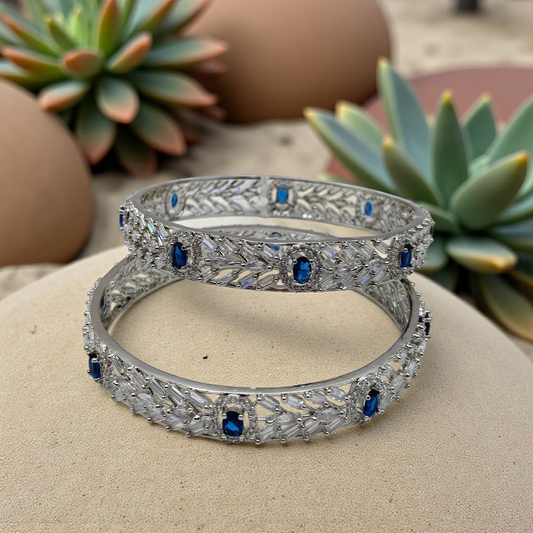 Midnight Silver Bangles – Textured Metal with Blue Gem Accents