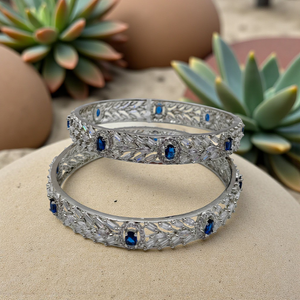 Midnight Silver Bangles – Textured Metal with Blue Gem Accents