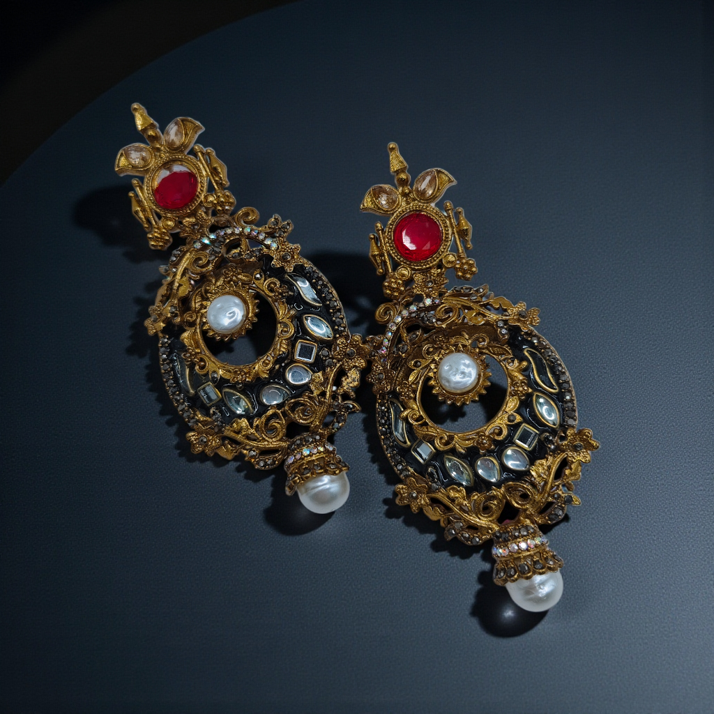 Antique Gold Pearl Drop Earrings Vintage Statement Jewelry