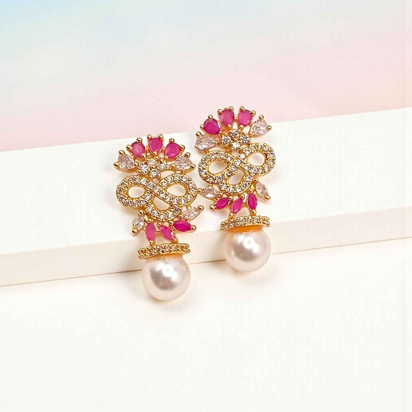 Gold Floral Ruby & Crystal Earrings with Pearl Drop