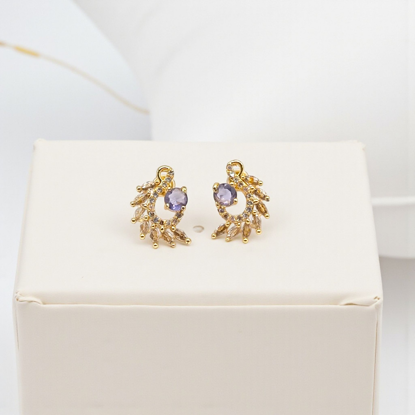 Gold Plated Leaf Wreath Earrings with Purple And Blue Stone Center