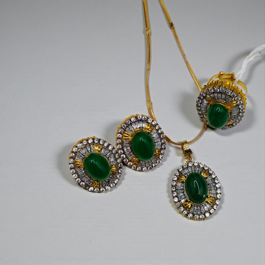 Emerald Aura Gold-Plated Jewelry Set – Oval Green Stone Necklace, Earrings & Ring