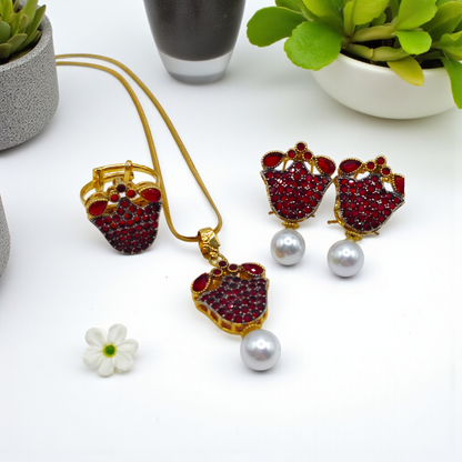 Scarlet Bloom Pendant Set Ruby Red with Pearl Drop