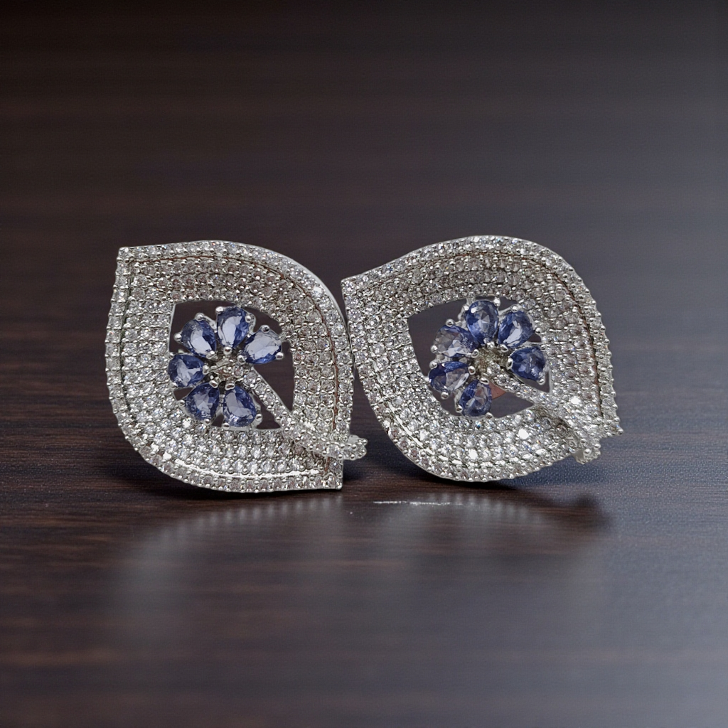 Silver Crystal Leaf Stud Earrings with Sapphire Blue Floral Center