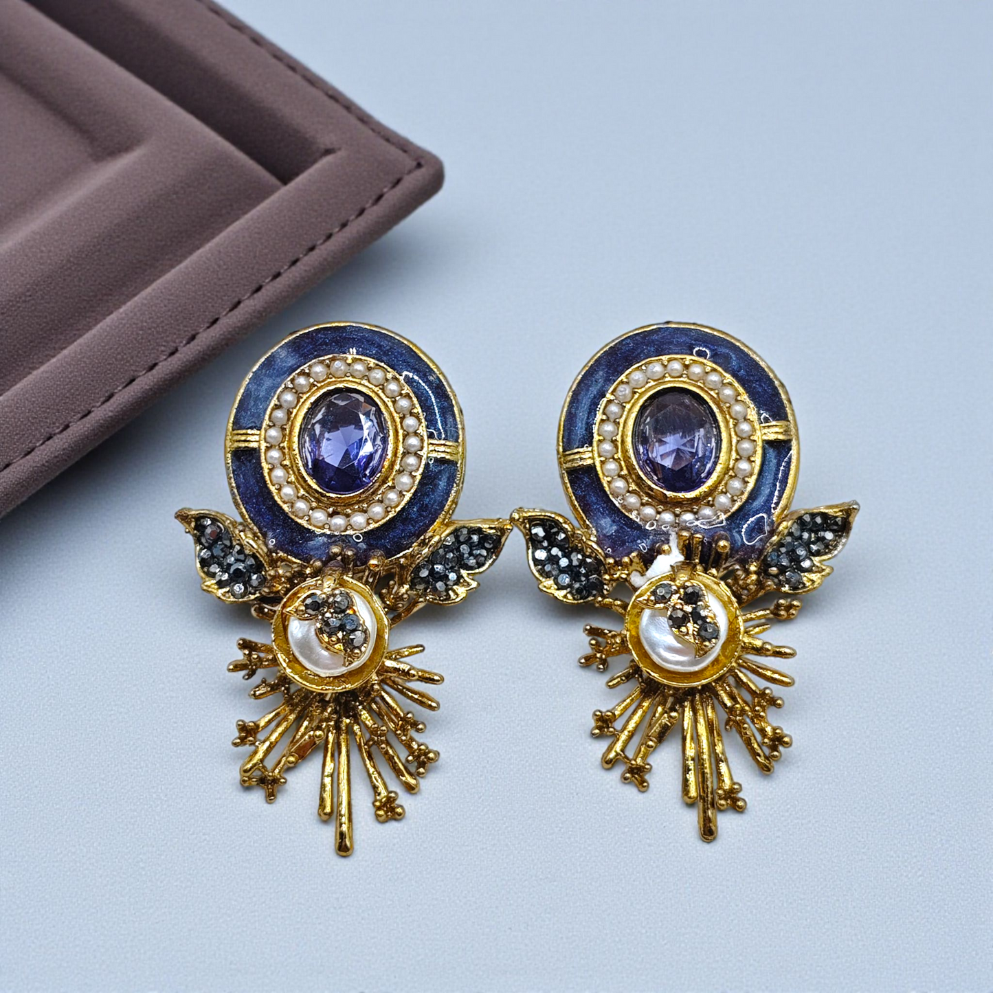 Emerald Enamel Stud Earrings with Pearl & Gold Detailing – Luxury Statement Earrings