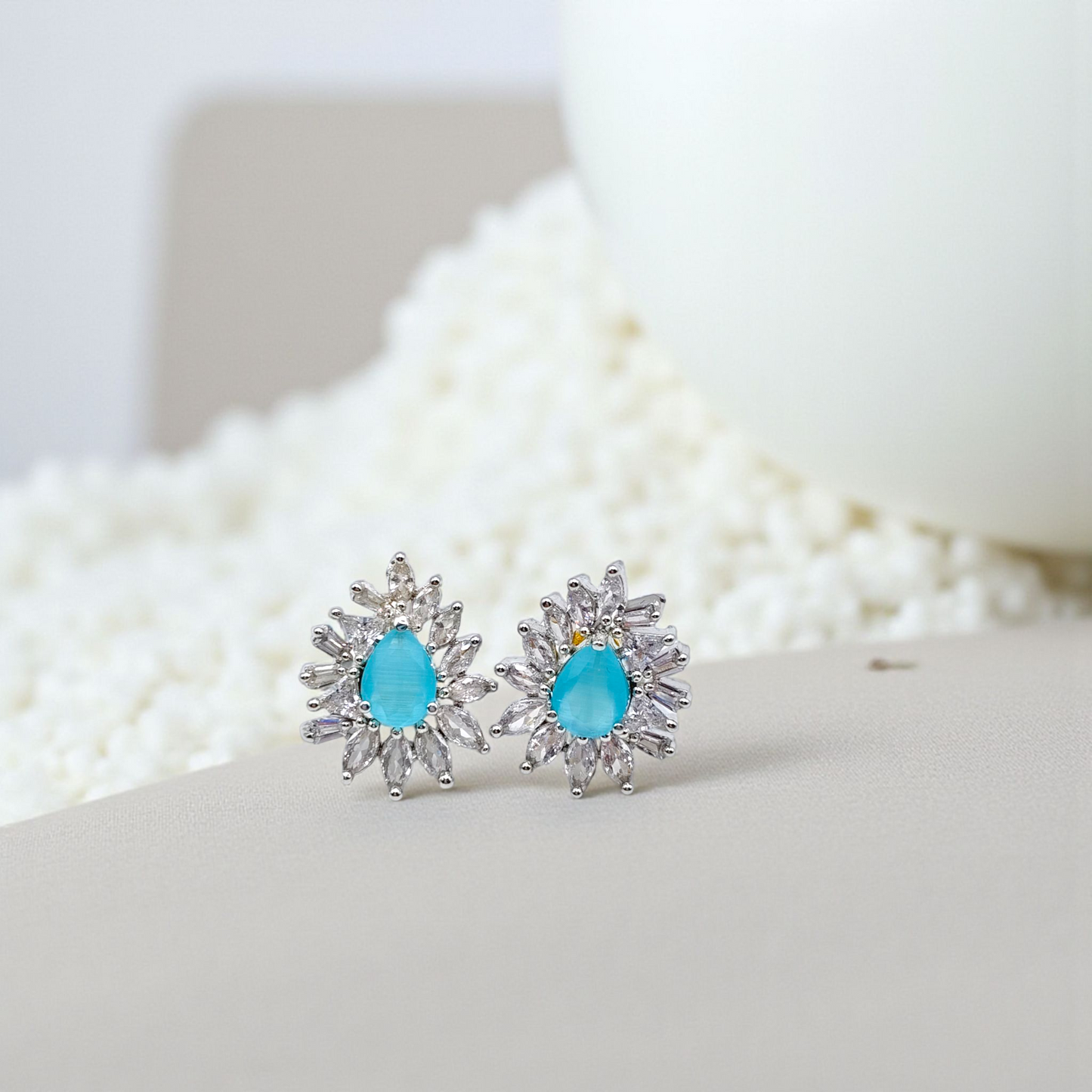 Radiant Teardrop Blue Stone Earrings with Diamond Burst