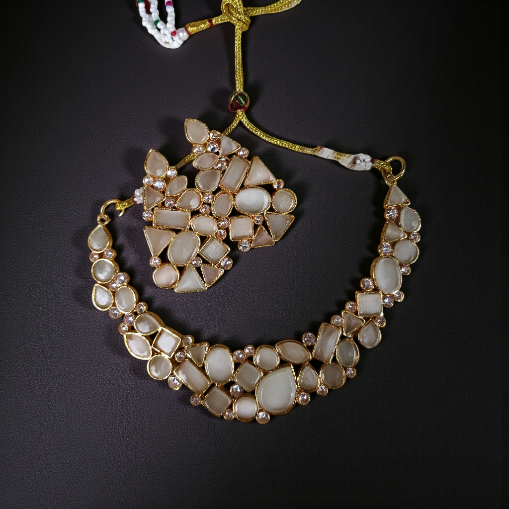 Kundan-Style Statement Necklace Set with Off-White Stones & Matching Earrings