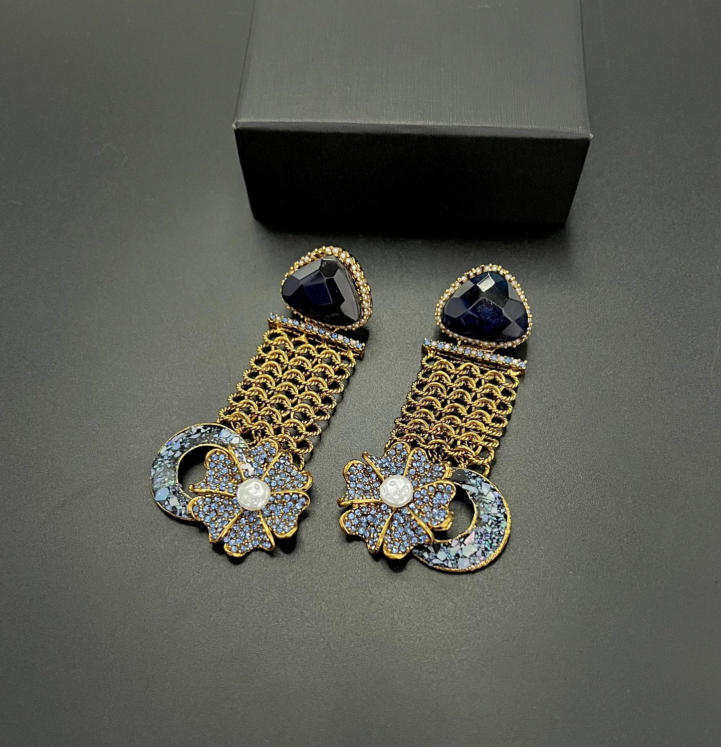 Designer Floral Earrings with Sparkling Crystals & Pearl Drop