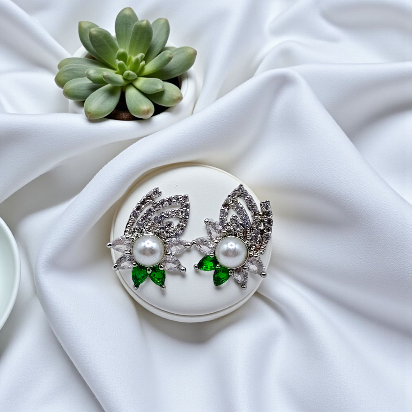 Elegant Pearl & Leaf Crystal Stud Earrings