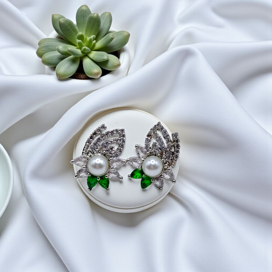 Elegant Pearl & Leaf Crystal Stud Earrings