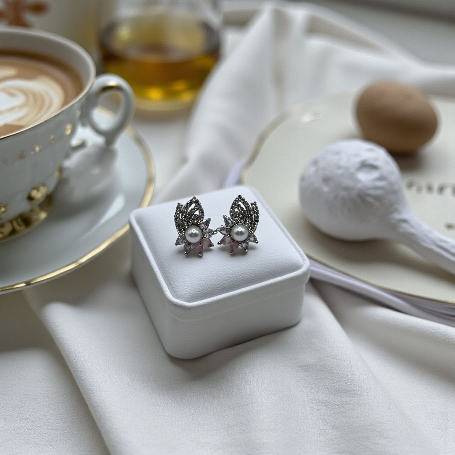 Elegant Pearl & Leaf Crystal Stud Earrings