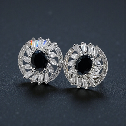 Sapphire Blue Crystal Halo Stud Earrings Silver Plated Statement Jewelry