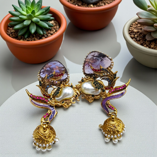 Luxurious Kundan & Enamel Statement Jhumka Earrings – Multi-Color, Pearl Drops, Festive Wear Jewelry