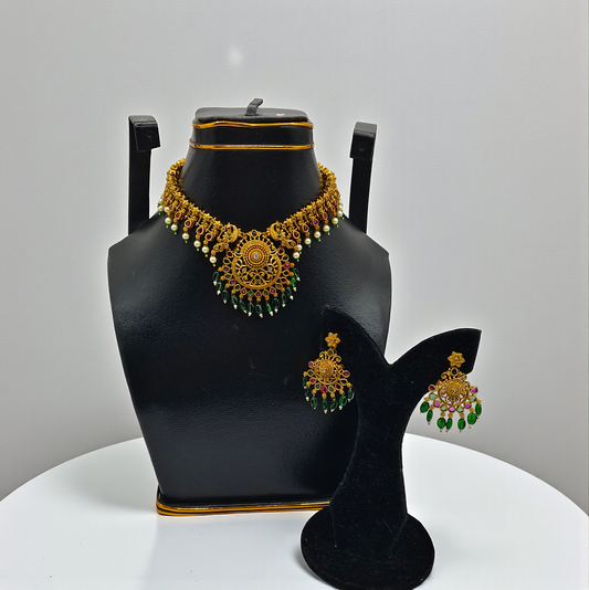Traditional Gold-Tone Mala Necklace Set with Green Beads & Matching Earrings