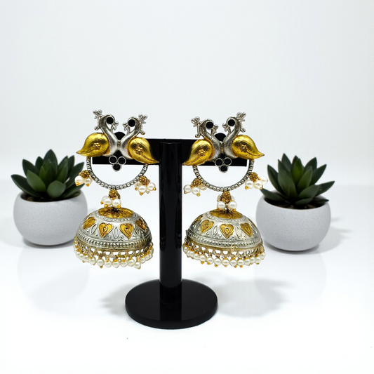 Dual-Tone Peacock Dome Jhumka Earrings – Traditional Heritage Collection
