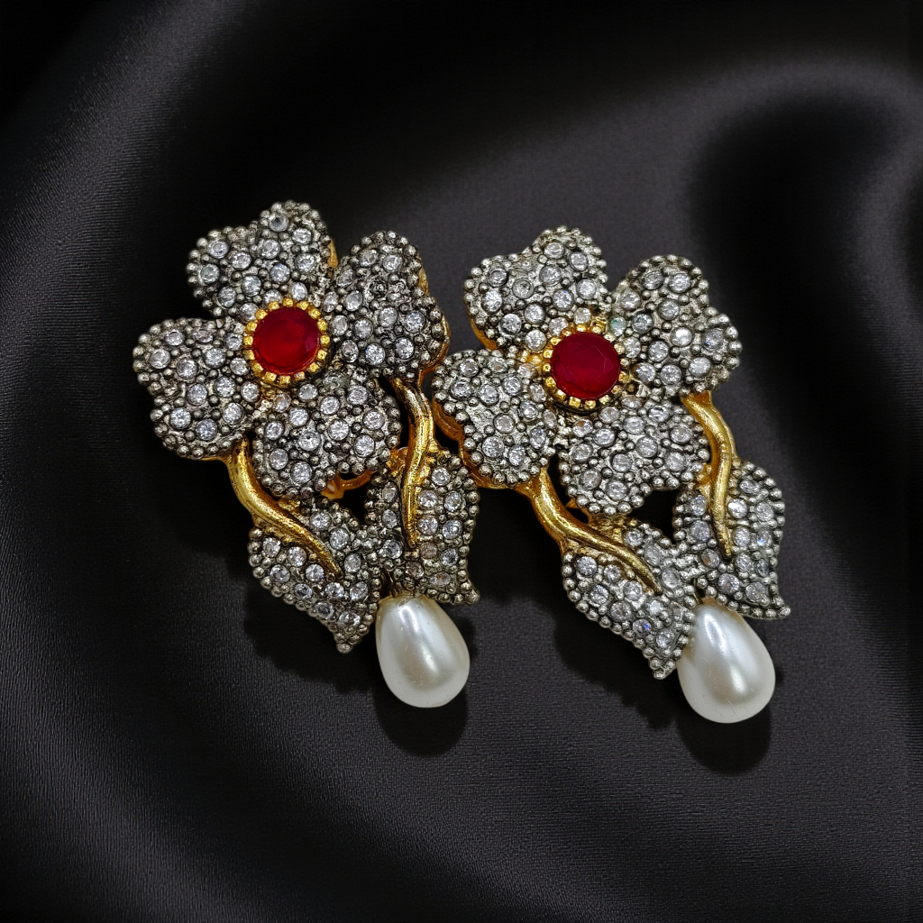 Luxury Floral Crystal Earrings with Pearl Drop – Antique Gold Finish