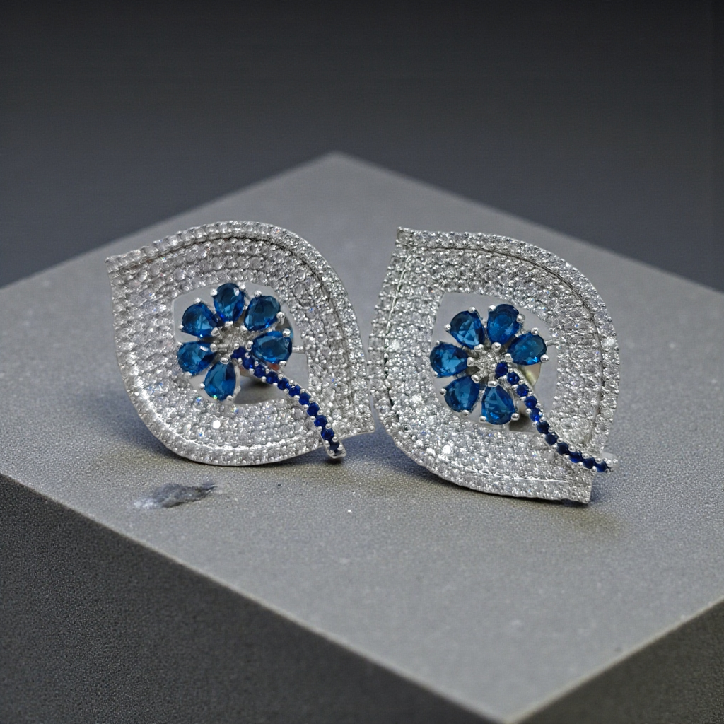 Silver Crystal Leaf Stud Earrings with Sapphire Blue Floral Center