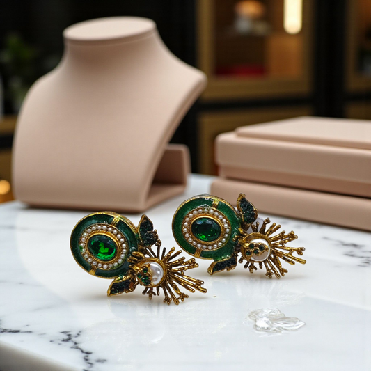 Emerald Enamel Stud Earrings with Pearl & Gold Detailing – Luxury Statement Earrings