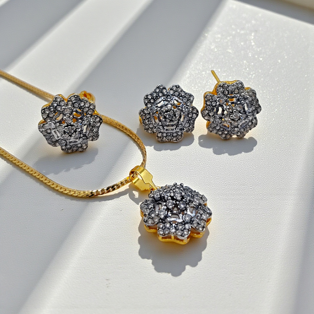 Vintage Snowflake Crystal Jewelry Set – Gold-Plated Necklace, Earrings & Ring