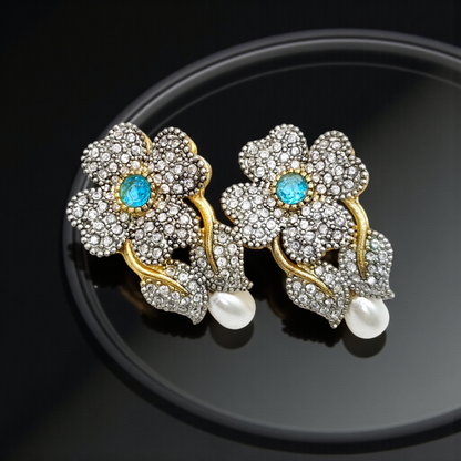 Luxury Floral Crystal Earrings with Pearl Drop – Antique Gold Finish