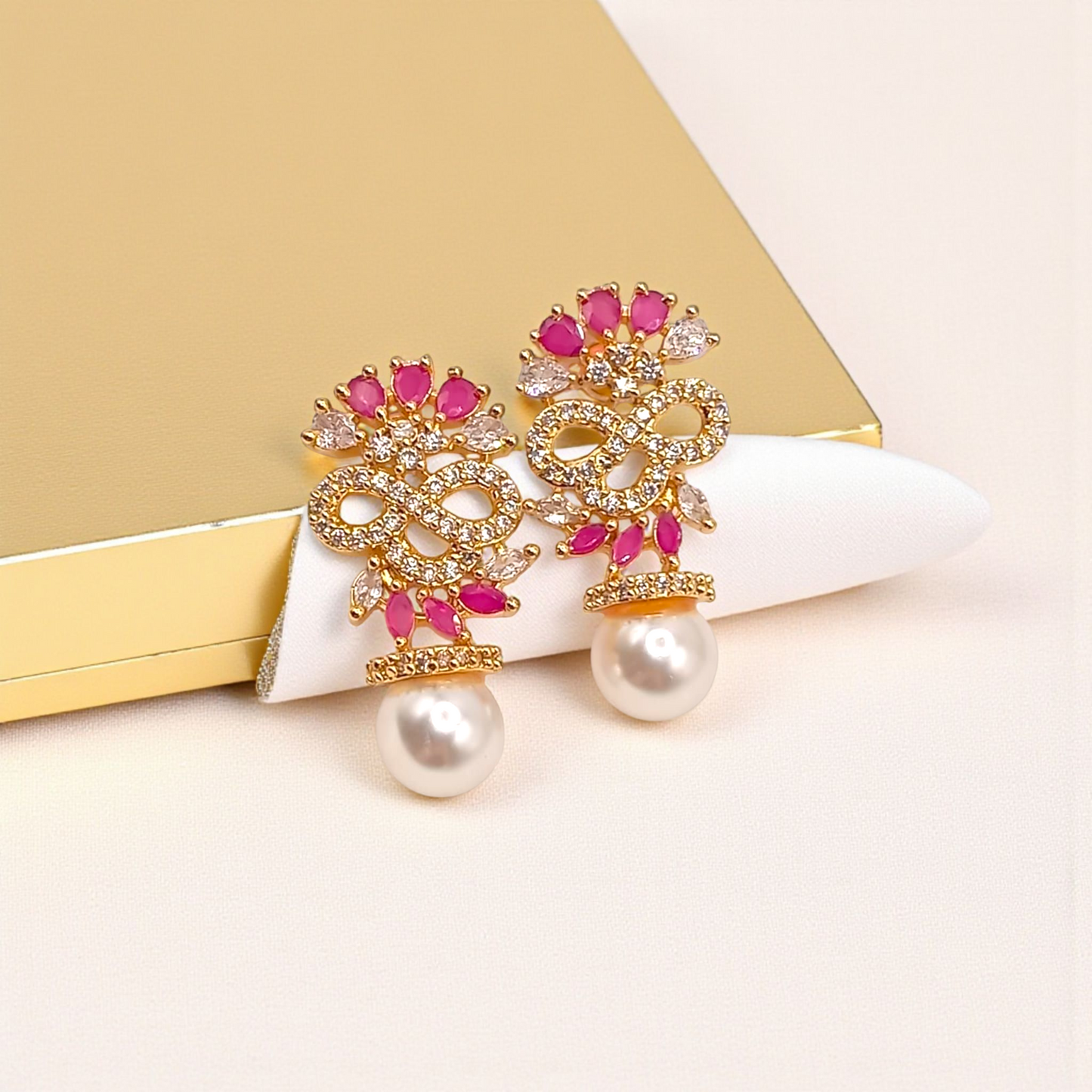 Gold Floral Ruby & Crystal Earrings with Pearl Drop