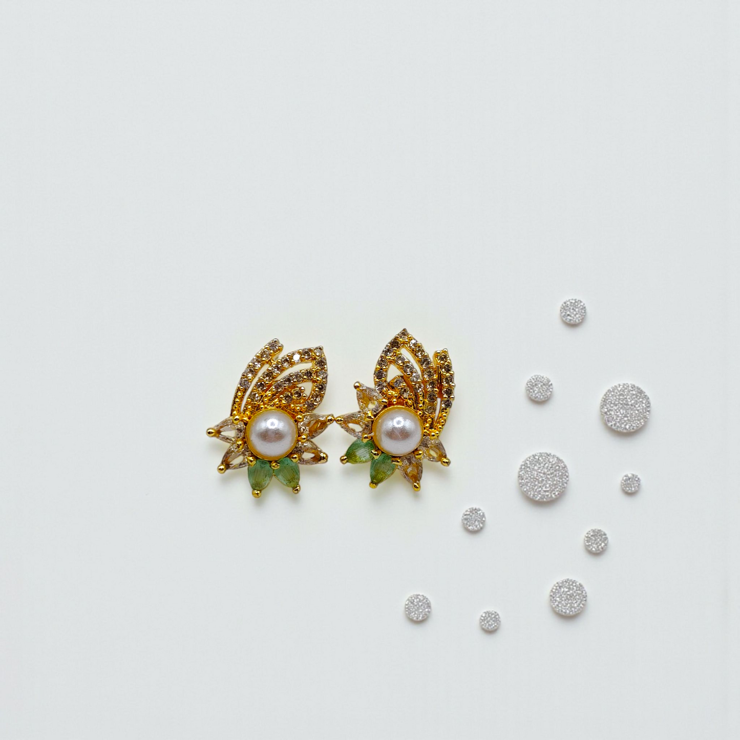 Elegant Pearl & Leaf Crystal Stud Earrings