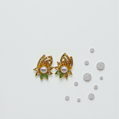 Elegant Pearl & Leaf Crystal Stud Earrings