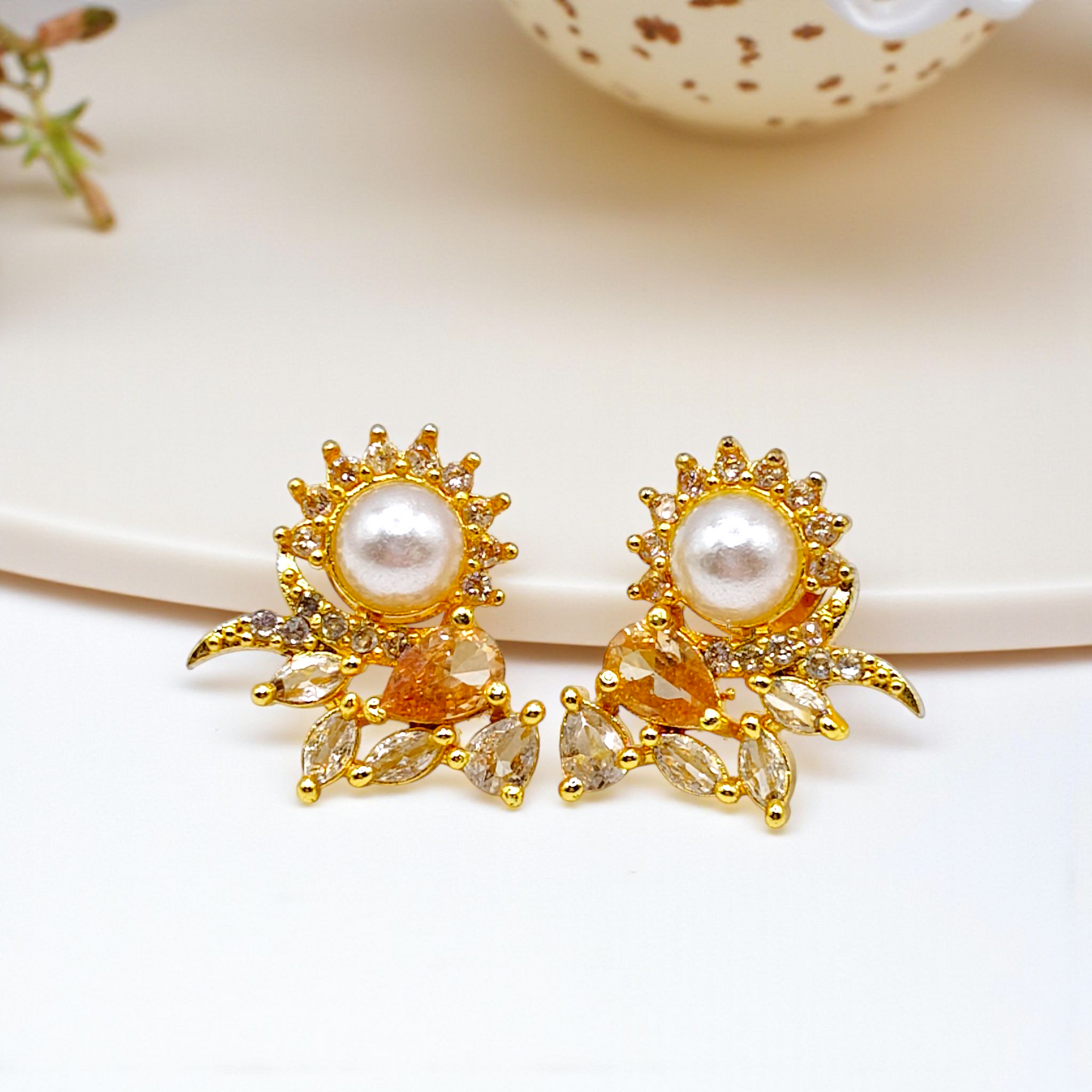 Pearl & Green Stone Floral Stud Earrings