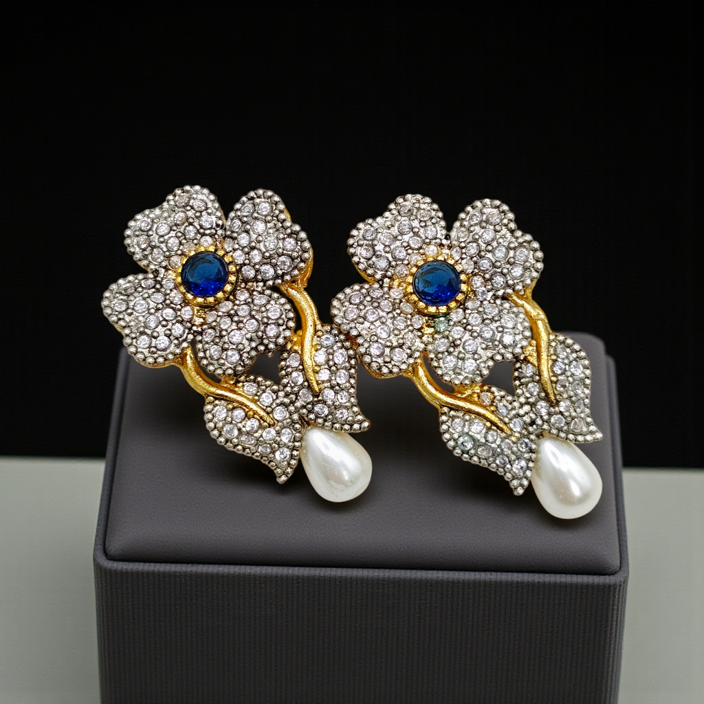 Luxury Floral Crystal Earrings with Pearl Drop – Antique Gold Finish