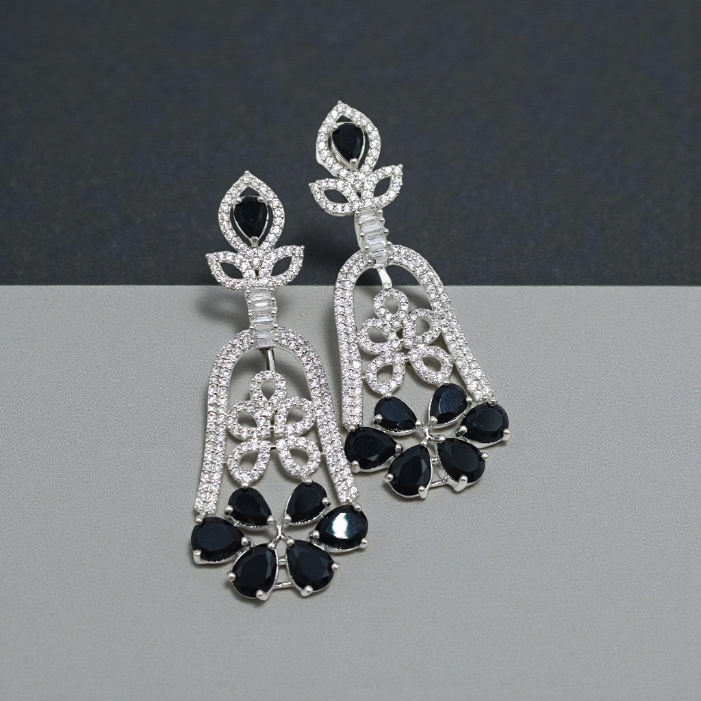 Crystal Floral Drop Earrings  Silver Plated  Blue, Black & Green Variants