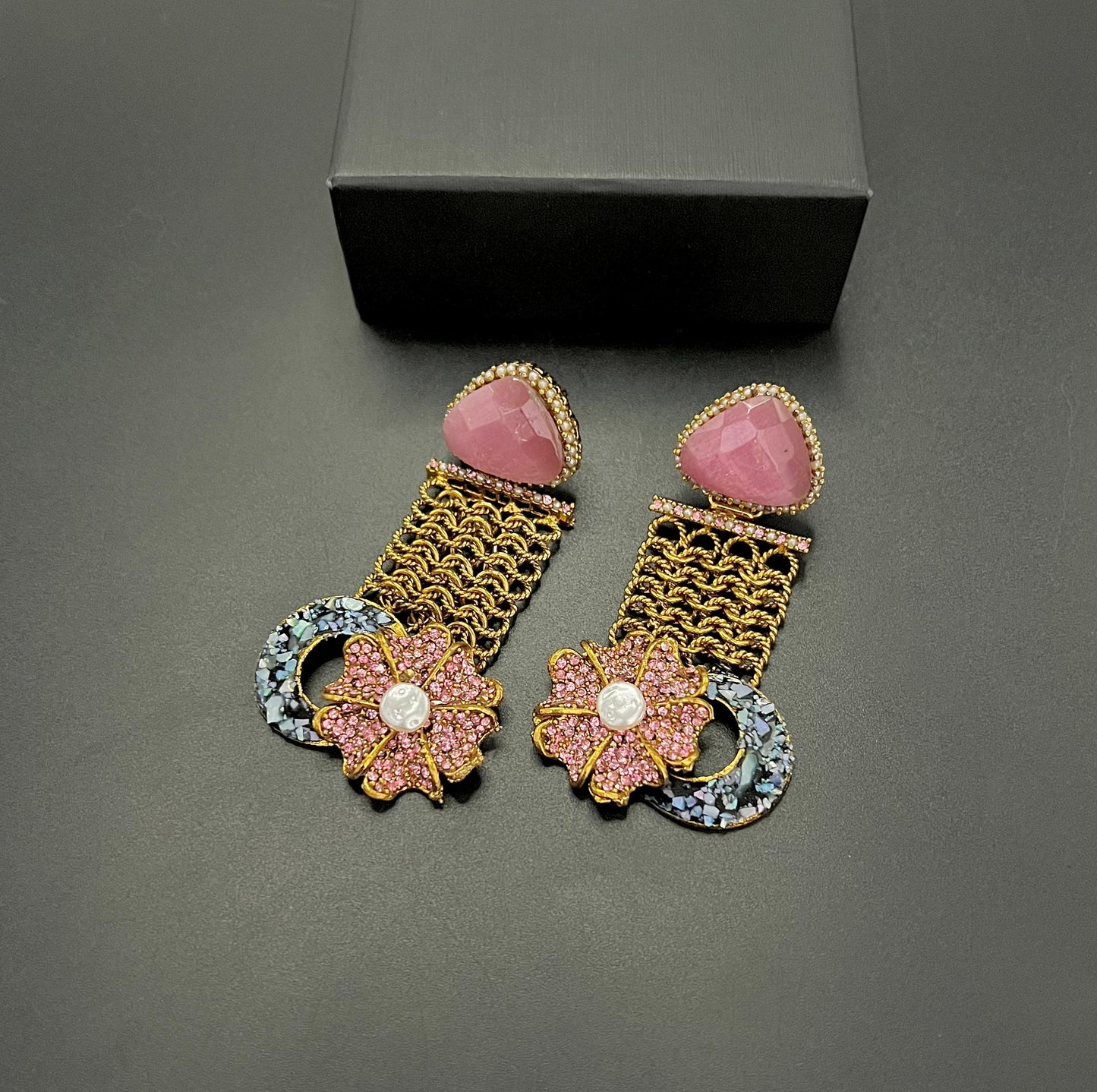 Designer Floral Earrings with Sparkling Crystals & Pearl Drop