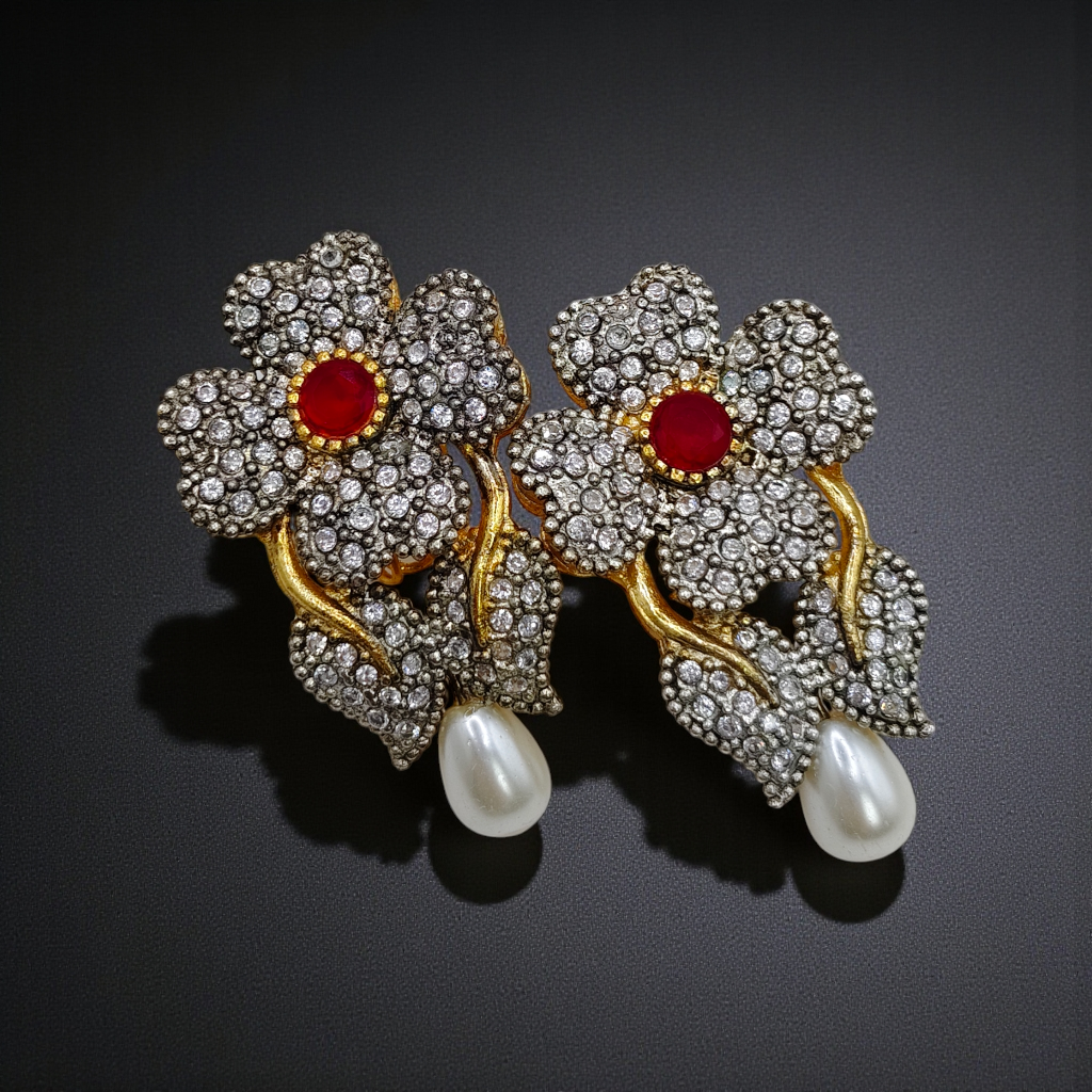 Luxury Floral Crystal Earrings with Pearl Drop – Antique Gold Finish
