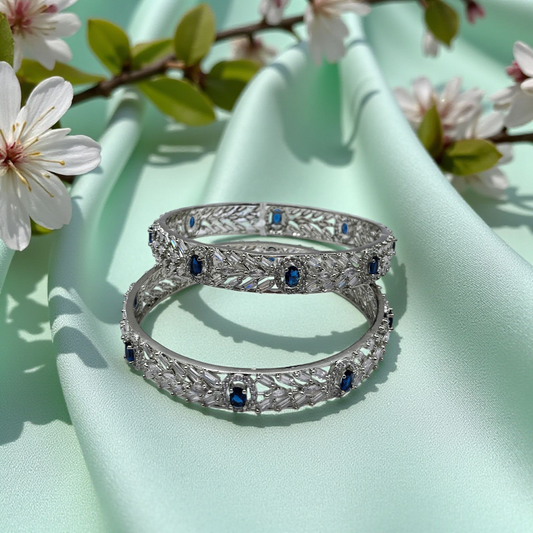 Midnight Silver Bangles – Textured Metal with Blue Gem Accents