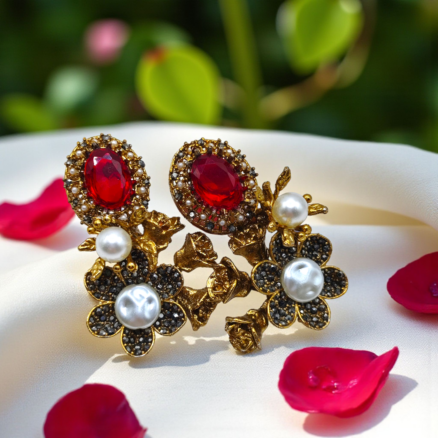 Sapphire Blossom Earrings Blue Oval Crystal, Gold Botanical & Daisy Pearl Drops