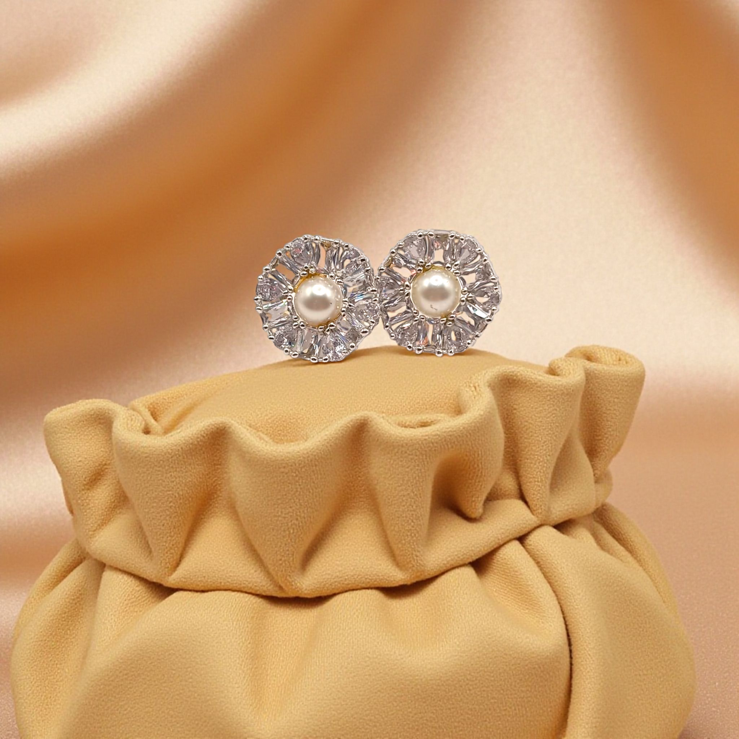 Elegant Pearl Center Stud Earrings with Crystal Halo