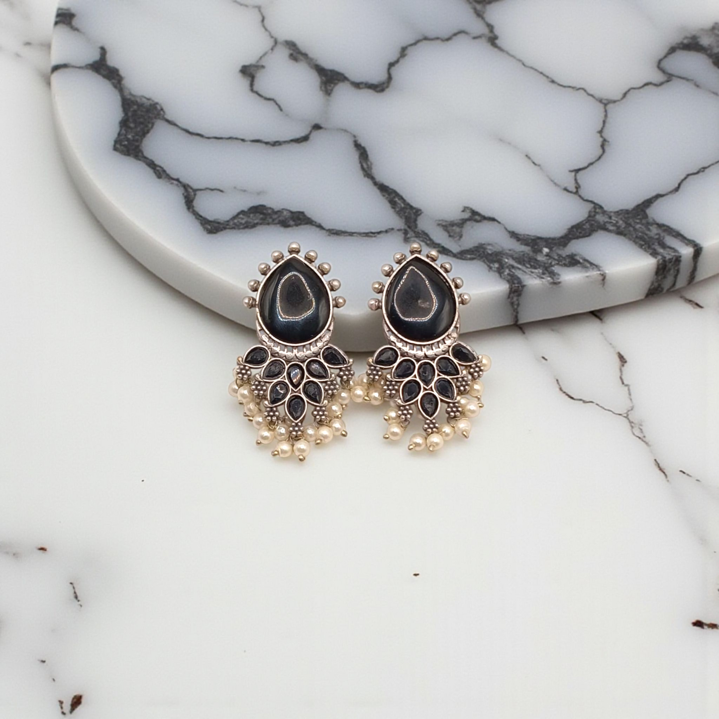 Mirror Drop Earrings with Pearl Clusters
