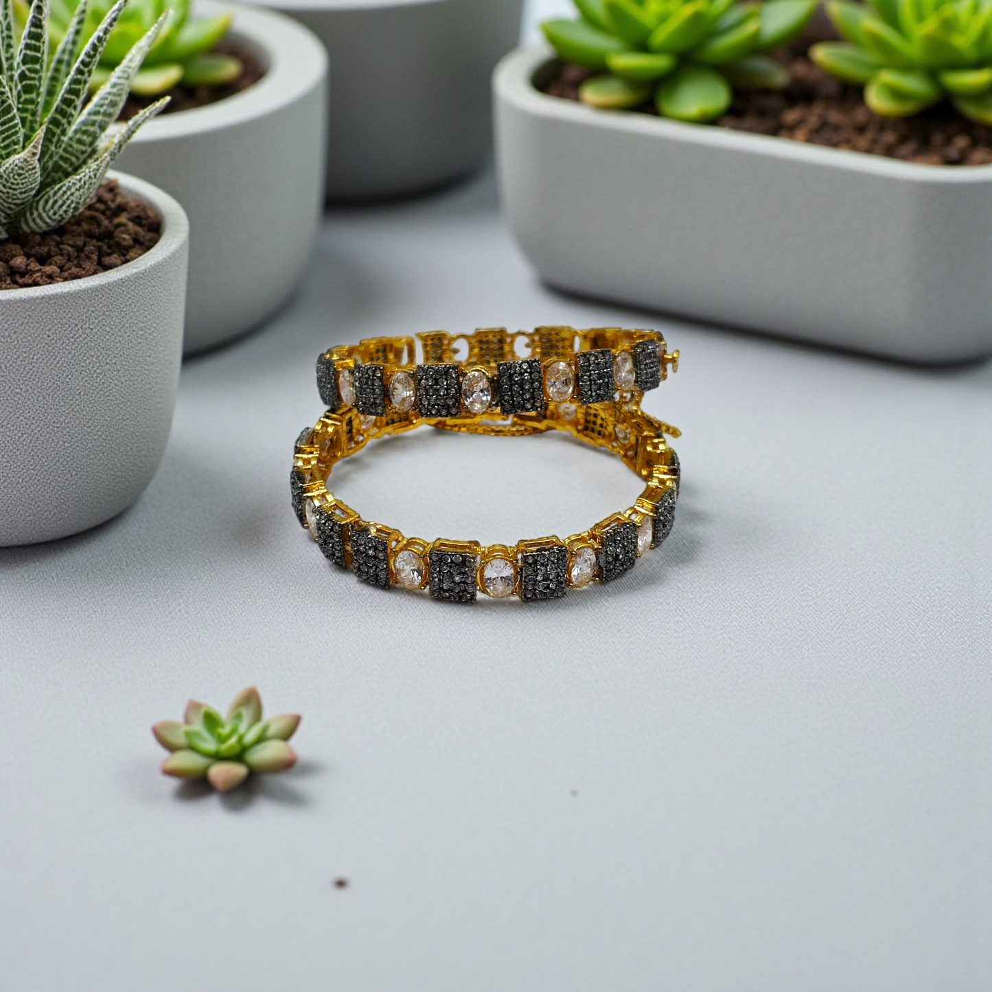 Premium Stone-Studded Square & Oval Cut Openable Bangles