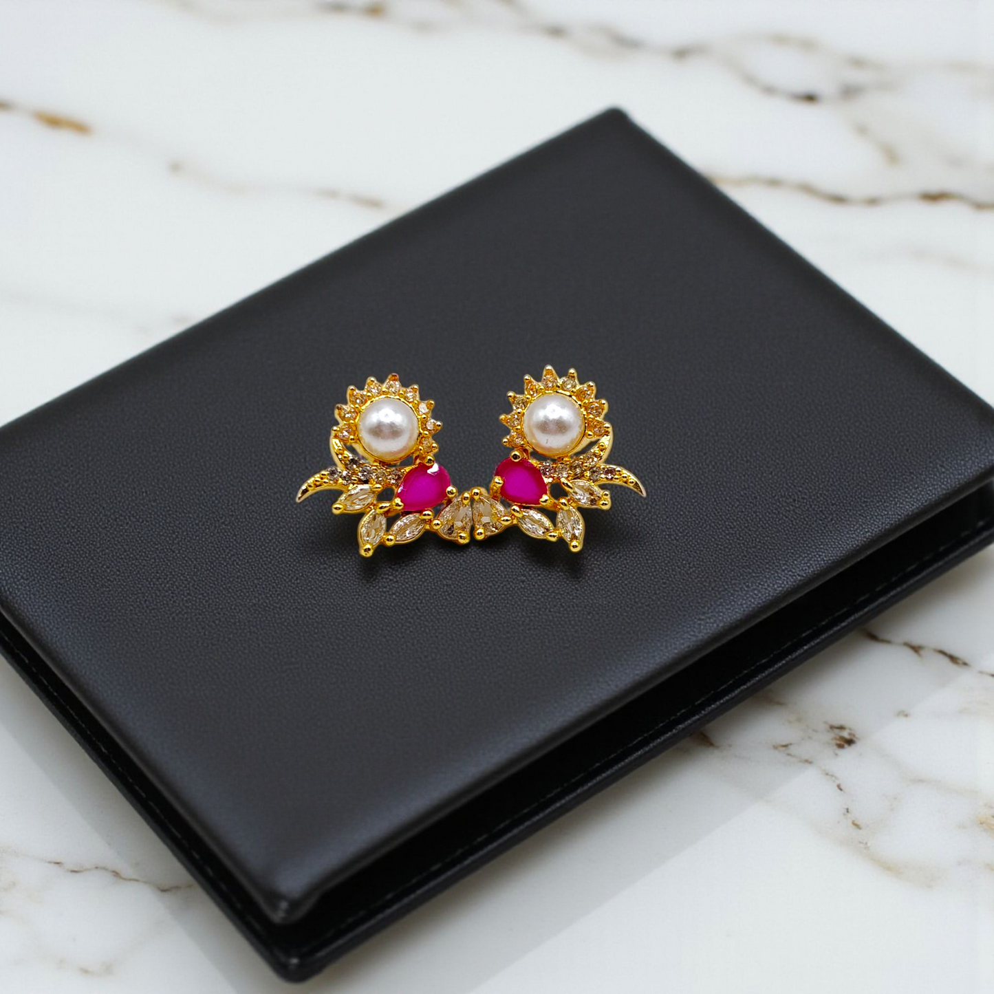 Pearl & Green Stone Floral Stud Earrings