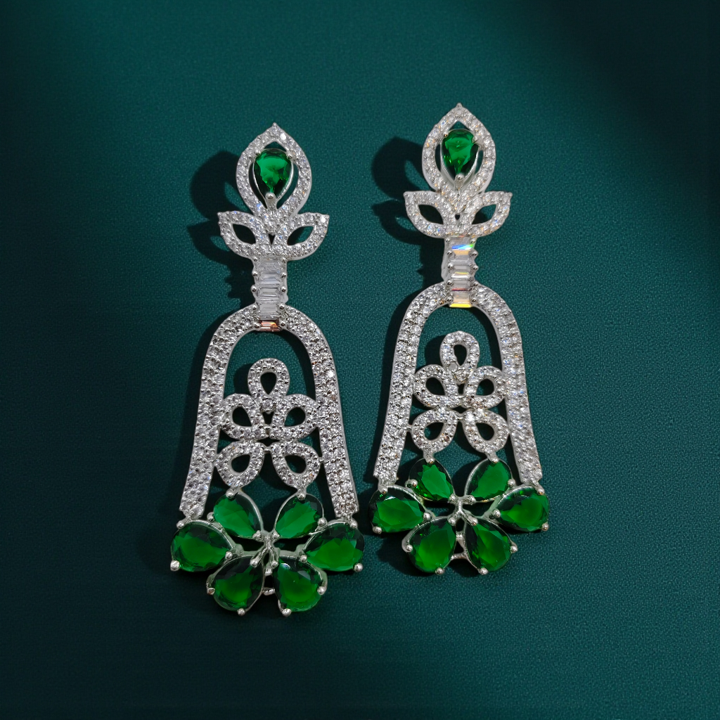 Crystal Floral Drop Earrings  Silver Plated  Blue, Black & Green Variants