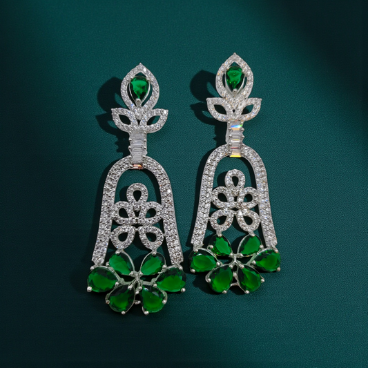 Crystal Floral Drop Earrings  Silver Plated  Blue, Black & Green Variants