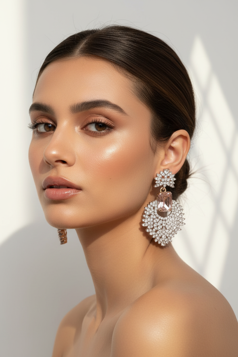Rose gold and clear crystal earrings on a light background