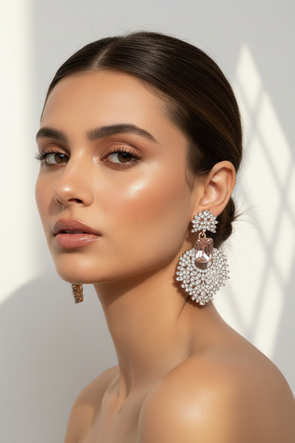 Rose gold and clear crystal earrings on a light background