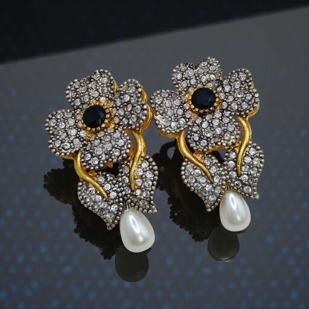 Luxury Floral Crystal Earrings with Pearl Drop – Antique Gold Finish