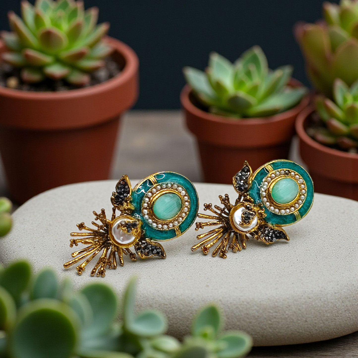 Emerald Enamel Stud Earrings with Pearl & Gold Detailing – Luxury Statement Earrings