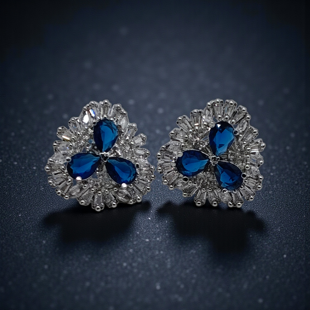Royal Blue Crystal Floral Stud Earrings  Silver Plated Statement Jewelry