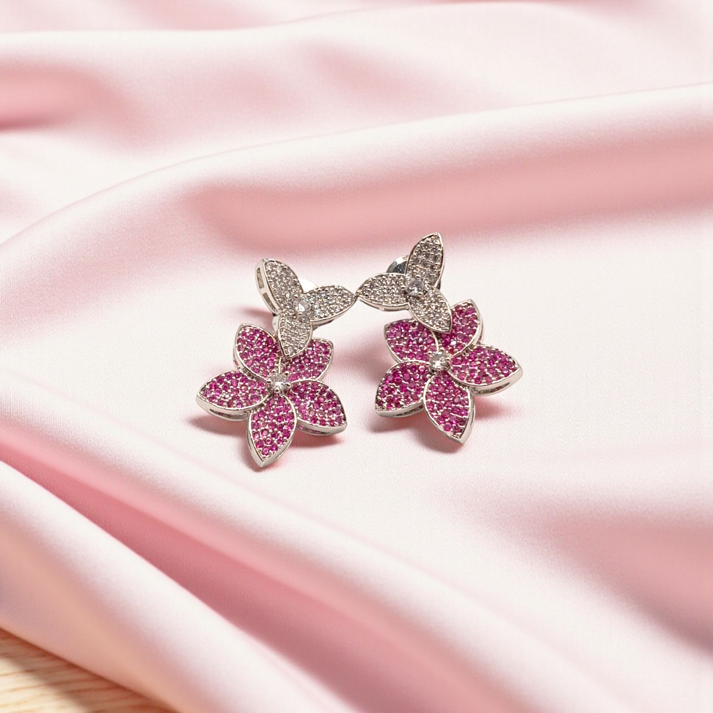 Floral Stud Earrings with White Stone Accents