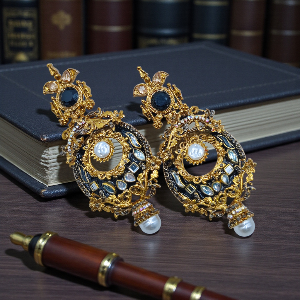 Antique Gold Pearl Drop Earrings Vintage Statement Jewelry