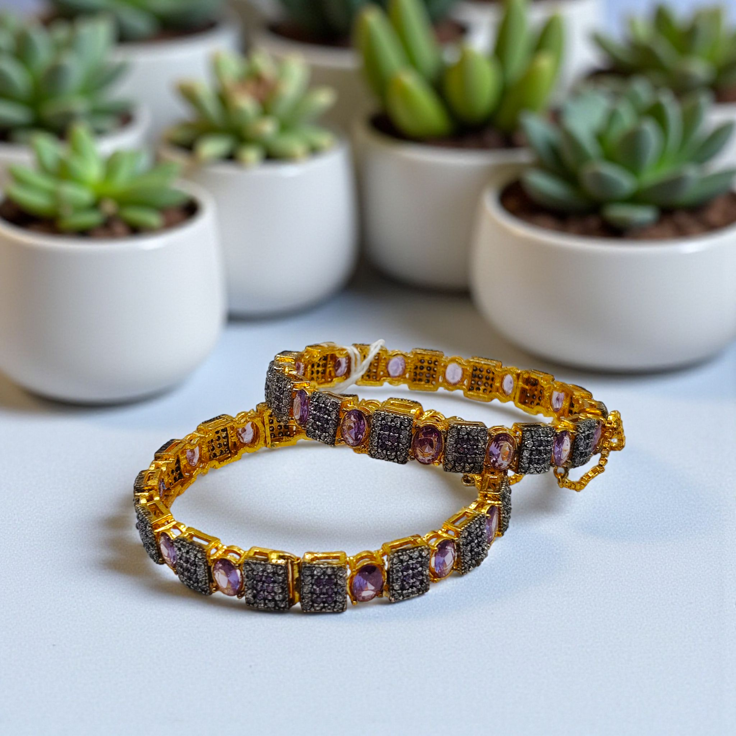 Premium Stone-Studded Square & Oval Cut Openable Bangles