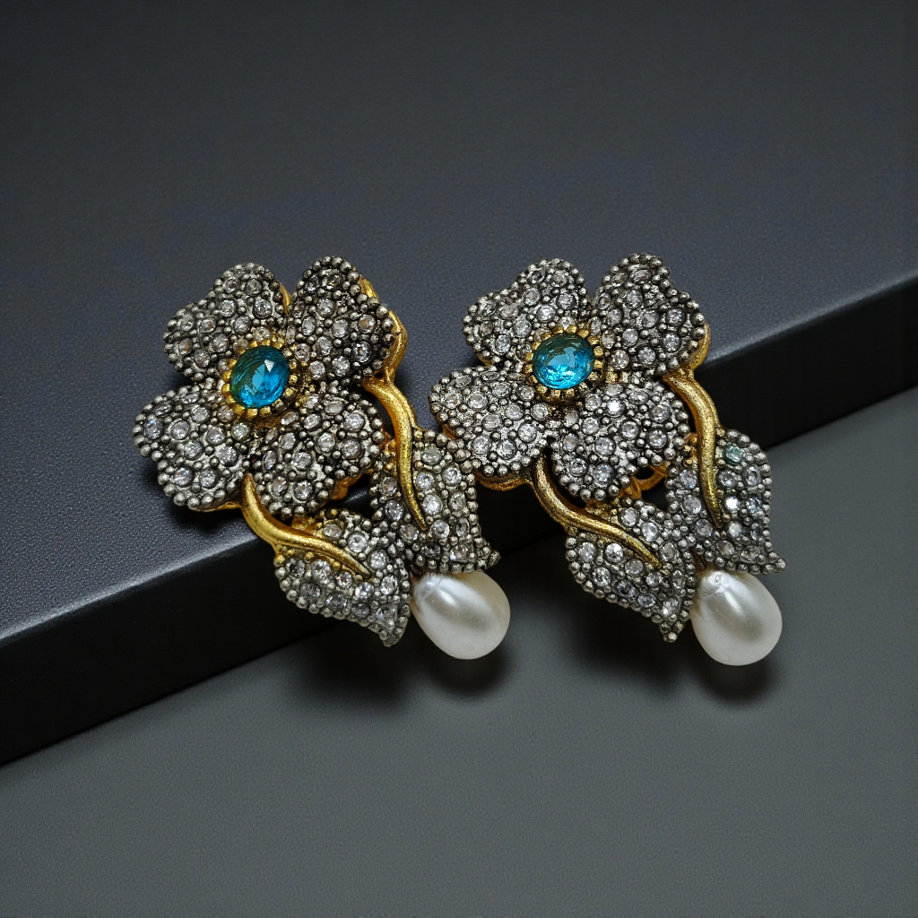 Luxury Floral Crystal Earrings with Pearl Drop – Antique Gold Finish